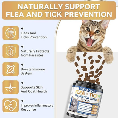 Flea and Tick Prevention for Cats, 200 Soft Chews for Fleas Treatment for Cats, Natural Cat Oral Flea Chewables Support Supplement, Flea and Tick Chews for All Breeds &amp; Sizes
