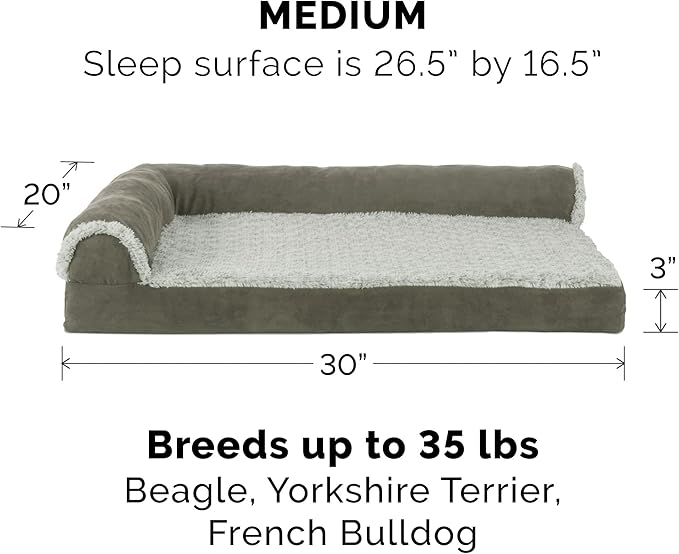 Furhaven Cooling Gel Dog Bed for Medium/Small Dogs w/ Removable Bolsters &amp; Washable Cover, For Dogs Up to 35 lbs - Two-Tone Plush Faux Fur &amp; Suede L Shaped Chaise - Dark Sage, Medium