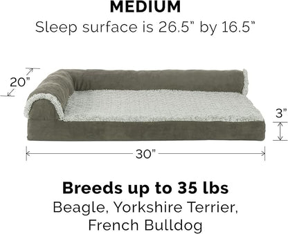 Furhaven Cooling Gel Dog Bed for Medium/Small Dogs w/ Removable Bolsters &amp; Washable Cover, For Dogs Up to 35 lbs - Two-Tone Plush Faux Fur &amp; Suede L Shaped Chaise - Dark Sage, Medium