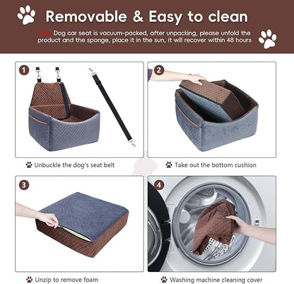 Dog Car Seat for Small Medium Dogs, Soft Fabric Dog Booster Seat with Storage Pockets, Safety Belt, Comfy Pet Car Seat Travel Bed, Removable and Washable