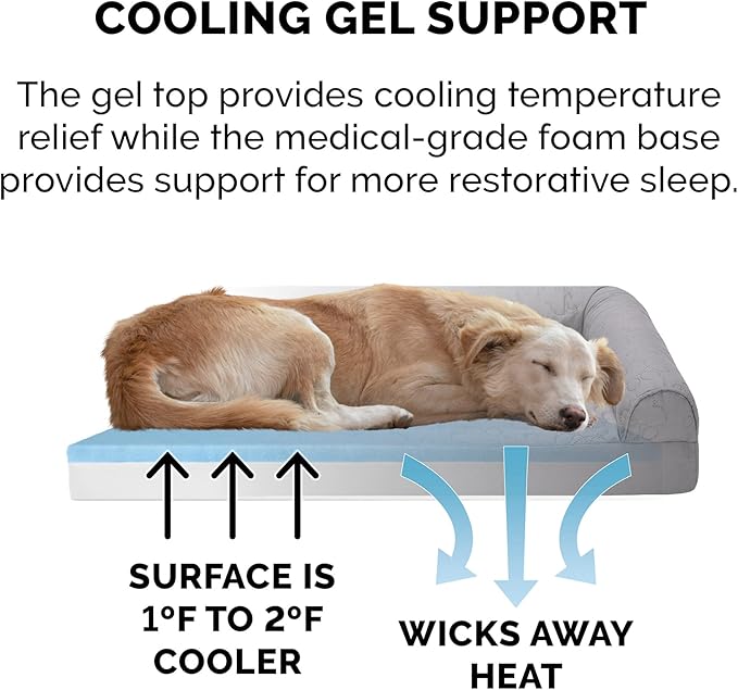 Furhaven Cooling Gel Dog Bed for Large/Medium Dogs w/ Removable Bolsters &amp; Washable Cover, For Dogs Up to 55 lbs - Pinsonic Quilted Paw L Shaped Chaise - Titanium, Large