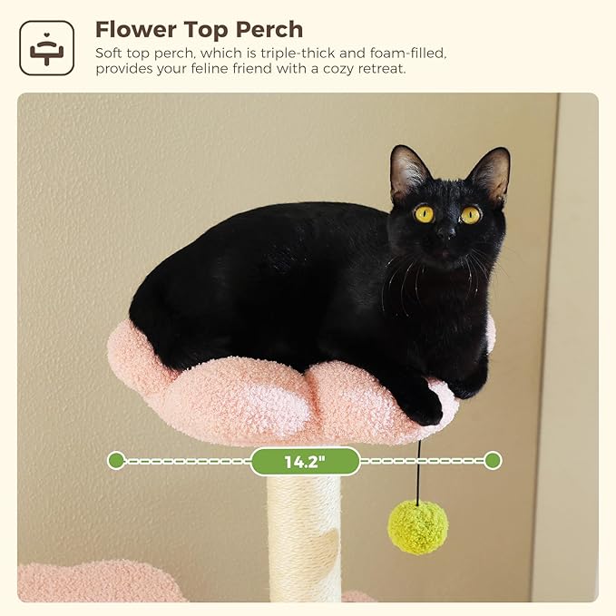 Flower Cat Tree, 62-Inch Tall Multi-Level Cat Tower with Scratching Posts for Large Indoor Cats, Plush Bed w/Padded Perches, Scratching Pad &amp; 2 Green Pompoms, Pink