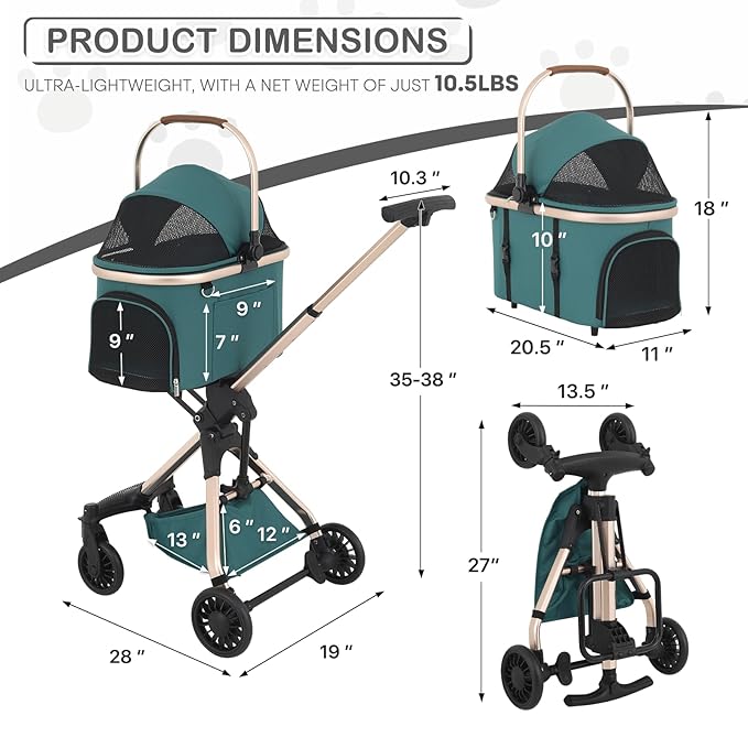 MoNiBloom 3 in 1 Pet Stroller with Adjustable Handle, Jogging Stroller w/Detachable Carrier &amp; Lightweight Aluminum Frame for Dogs Cats, Hunter Green