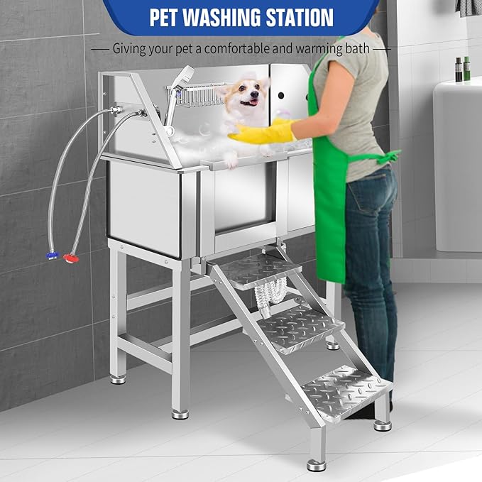Professional Stainless Steel Dog Bathing Station, Dog Grooming Tub, with Stairs, Floor Grate &amp; Faucet for Dog Bathtub for Large, Medium &amp; Small Pets,34" L-RAMP