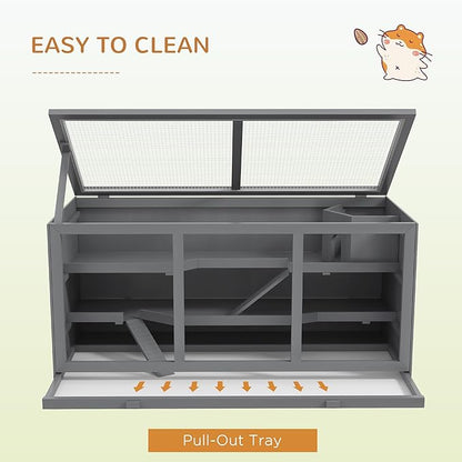 PawHut 45" Extra Large Wooden Hamster Cage, 3-Layer Chewproof Rat Cage with Opening Roof, Hut, Ramps, for Gerbil, Dwarf &amp; Syrian Hamsters, Gray