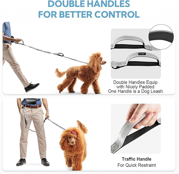 Hands Free Dog Leash, Adjustable Waist Belt with Double Padded Handles, Retractable Bungee for Medium &amp; Large Dogs, Waist Leash for Dog Walking, Running, No Pull, Grey