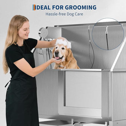 50" Stainless Steel Professional Dog Washing Station - Pet Bathing Tub w/Non-Slip Stairs &amp; Storage Shelf | Slip-Resistant Floor Grate | for Large/Medium/Small Dogs