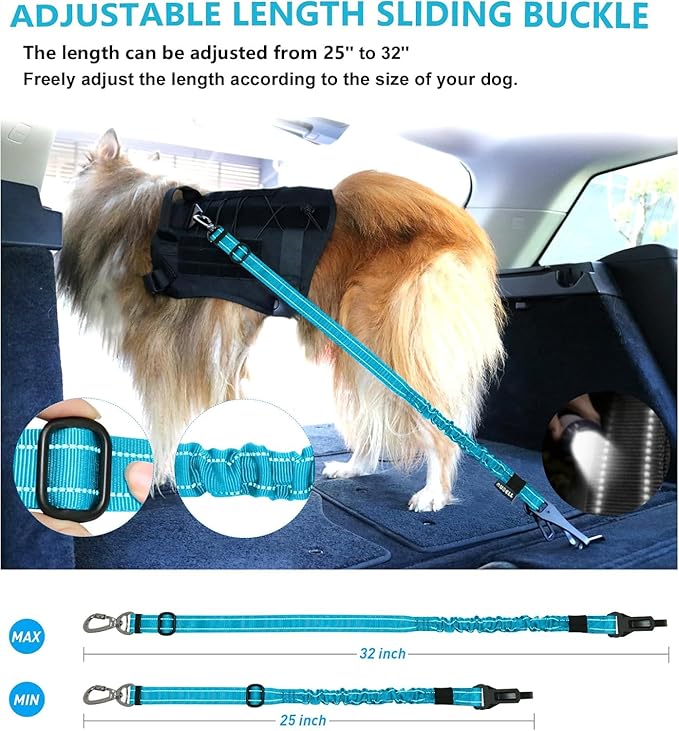 AUBELL Dog Seat Belt for Car,2 Pack Set 3-in-1 Adjustable Reflective Bungee Heavy Duty Dog Car Harness Tether with Clip Hook Latch &amp; Buckle,Swivel Zinc Alloy Carabiner,Black+Blue