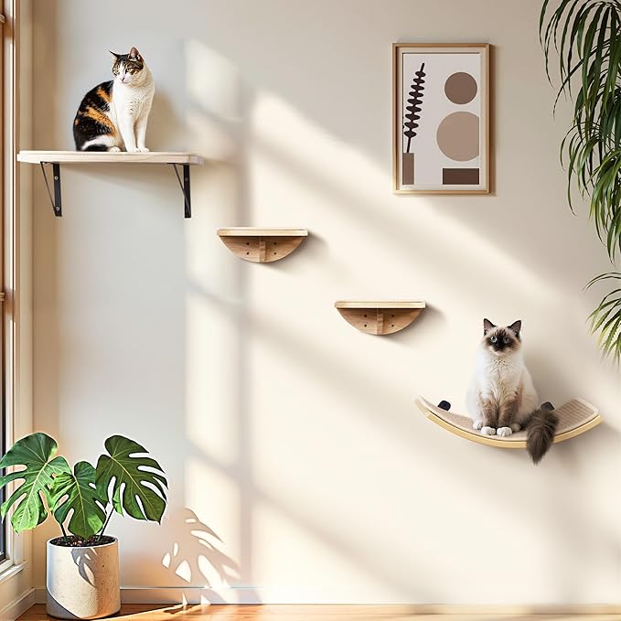 Cat Wall Shelves with Sisal Pads, 4-Piece Wooden Cats Furniture Set with Cat Window Perch, Flat Shelf &amp; Sisal-Clad Steps for Climbing and Scratching
