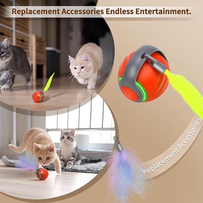 Speedy Tail 2.0 Interactive Cat Toy – Smart Self-Rolling Cat Ball with Feather Tail, Automatic Moving Motorized Toy for Indoor Cats, Chasing &amp; Hunting Fun (Orange)