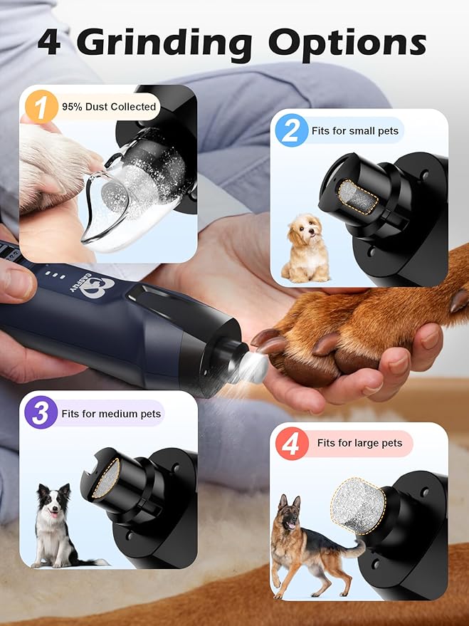 Casfuy 6-Speed Dog Nail Grinder – 50%+ Boost Power Dog Nail Trimmers Quiet with Dust Cap &amp; 2 LED Lights &amp; 2000mAh Battery &amp; 4.8V Motor Electric Pet Toenail File Tool for Large Medium Small Dogs Cats