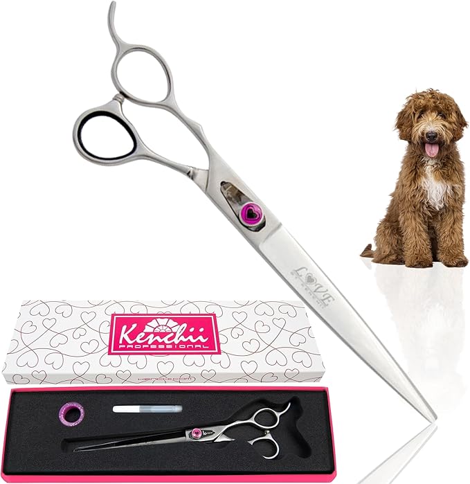 Kenchii Love Left Handed Dog Grooming Scissors, 8 Inch Straight Shears, Dog Scissors for Grooming, Professional Pet Grooming Scissors, Ergonomic &amp; Comfortable