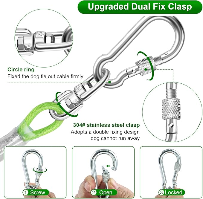 Dog Tie Out Cable for Outside,10FT Heavy Duty Dog Leash&amp;Chains with Swivel Hook,Small-Large Dogs Runner Cable Up to 250lbs, Long Dogs Lead Line for Yard Outdoor and Camping (250lbs 10FT, Green)