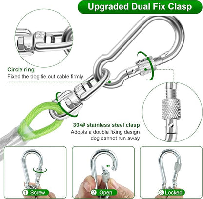 Dog Tie Out Cable for Outside,50FT Heavy Duty Dog Leash&amp;Chains with Swivel Hook,Small-Large Dogs Runner Cable for Dogs Up to 250lbs, Long Lead Line for Yard Outdoor and Camping (250lbs 50FT, Green)
