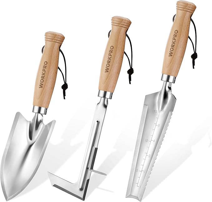 WORKPRO Garden Tool Set, 3 Pcs Gardening Hand Tools with Wood Handle, Weed Puller, Crack Weeder, Hand Trowel, for Planting, Digging, Weeding, Ideal Gardening for Women &amp; Men