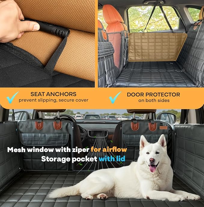 APetsPlanet Dog Car Seat Cover for Back Seat Hard Bottom - Waterproof Backseat Extender for Dogs - Pet Hammock Bed for Car, Truck, SUV with Mesh Window &amp; Storage - Black Leather, with Door Covers