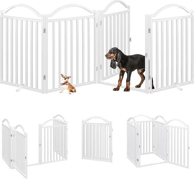 BHG Metal No-Assembly Freestanding Dog Gate with Door Walk Through, Extra Wide 96", Extra Tall 32" Pet Gate, Accordion Puppy Folding Playpen Dog Fence for Indoor &amp; Outdoor, with 2PCS Support - White