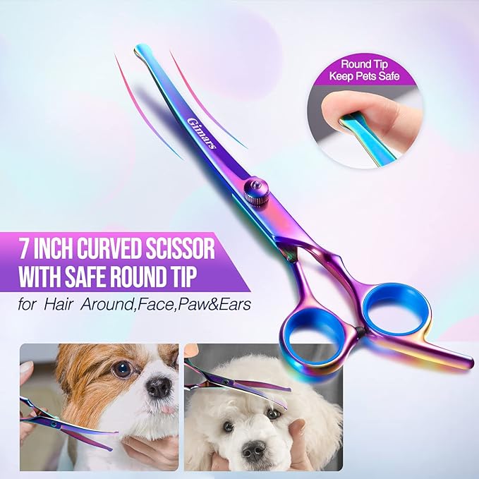 Gimars Dog Grooming Scissors Kit Professional 4CR with Safety Round Tip, 5 in 1 Heavy Duty Titanium Coated Thinning &amp; Curved &amp; Straight Shears