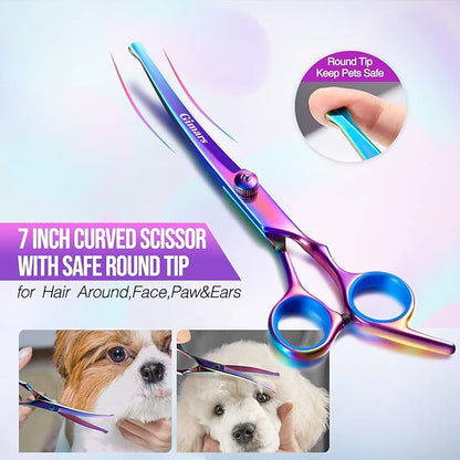 Gimars Dog Grooming Scissors Kit Professional 4CR with Safety Round Tip, 5 in 1 Heavy Duty Titanium Coated Thinning &amp; Curved &amp; Straight Shears