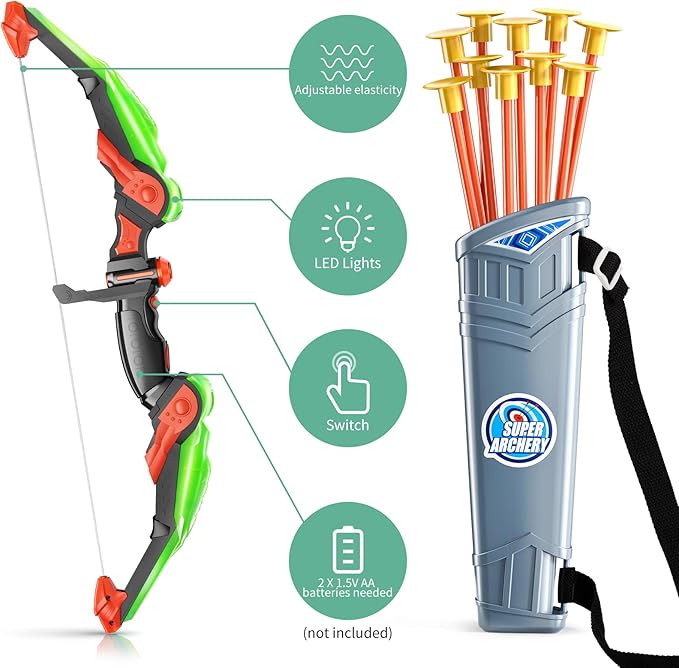 TEMI Bow and Arrow Set for Kids - Archery Toy Set - LED Light Up with Suction Cup Arrows, Target &amp; Quiver, Indoor and Outdoor Toys for Children Boys Girls