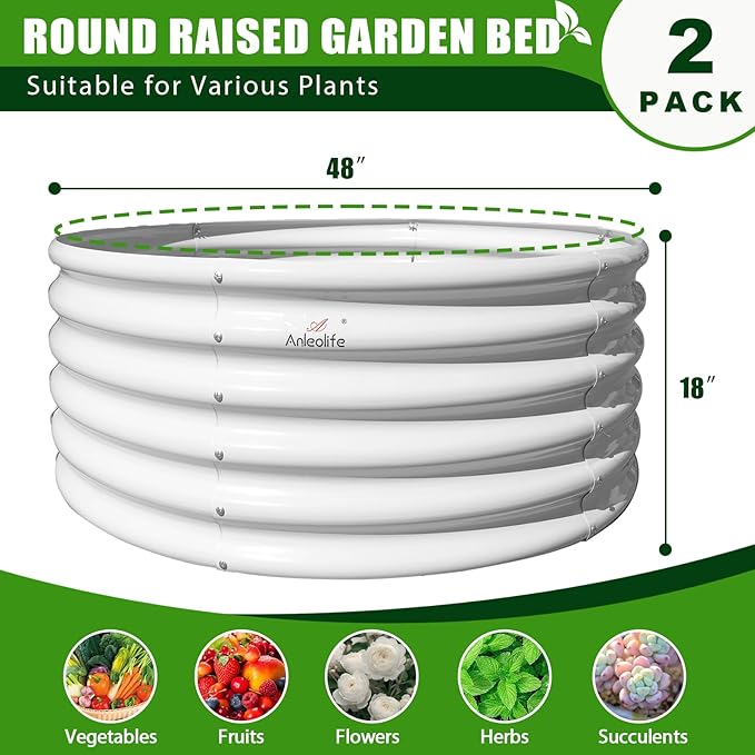 A ANLEOLIFE 2-Pack 4ft x 18” Tall Galvanized Raised Garden Beds Outdoor, Round Metal Planter Box for Planting Vegetables Flowers Herb, Anti-Rust &amp; Easy-Setup, Antique White