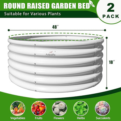 A ANLEOLIFE 2-Pack 4ft x 18” Tall Galvanized Raised Garden Beds Outdoor, Round Metal Planter Box for Planting Vegetables Flowers Herb, Anti-Rust &amp; Easy-Setup, Antique White