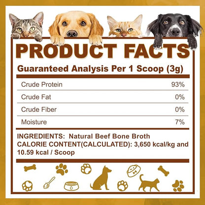 Zammex Grass-Fed Beef Bone Broth Protein Powder for Dogs &amp; Cats - Joint &amp; Bone Support, Healthy Fur Enhancer, Pet Food Topper for Dry &amp; Wet, 10.58oz