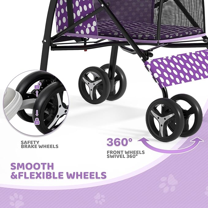 Magshion Compact Pet Stroller for Small-Medium Dogs/Cats up to 22lbs, 4-Wheel Lightweight Umbrella Shaped Portable Puppy Travel Jogger with Breathable Mesh &amp; Rear Storage, Purple Polka Dots