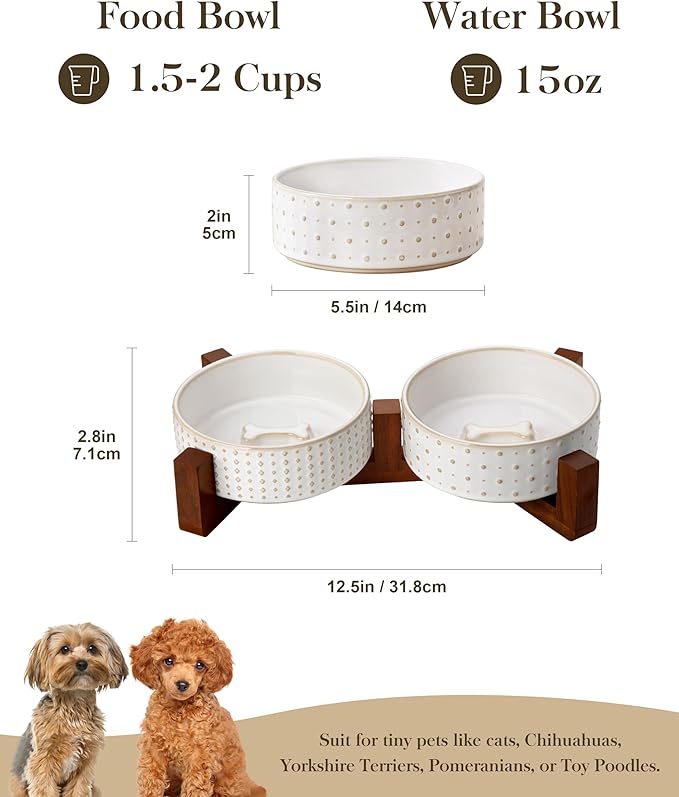 MALACASA Dog Bowl Set with Walnut Wood Stand, 1.5 Cups Ceramic Pet Bowls for Puppy Dogs, Dual Food and Water Bowls with Weighted Non-Slip Base, Basic Bowls for Your Dog or Cat, Rhombic &amp; Polka Dots