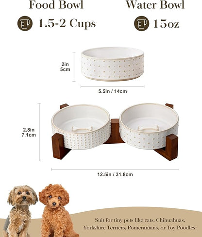 MALACASA Dog Bowl Set with Walnut Wood Stand, 1.5 Cups Ceramic Pet Bowls for Puppy Dogs, Dual Food and Water Bowls with Weighted Non-Slip Base, Basic Bowls for Your Dog or Cat, Rhombic &amp; Polka Dots
