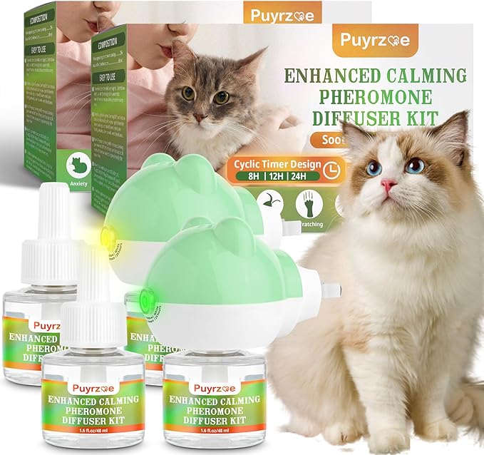 Cat Calming Diffuser with Three Timing Functions, 6-in-1 Cat Pheromones Calming Diffuser Kit, 120-Day Anxiety Relief, Stress Reduction &amp; Relaxation for All Cats (2 Diffusers + 4 Refills)
