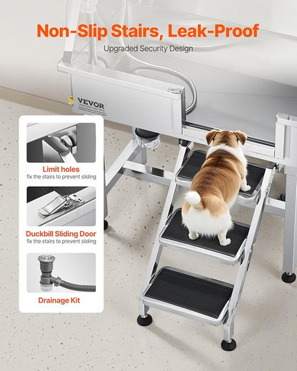 VEVOR Stainless Steel Dog Washing Station, 34 inch Pet Grooming Tub w/Storage Stairs, Faucet &amp; Showerhead &amp; Soap Holder Dog Bathtub, Pet Wash Station for Small Pets (Right Door)