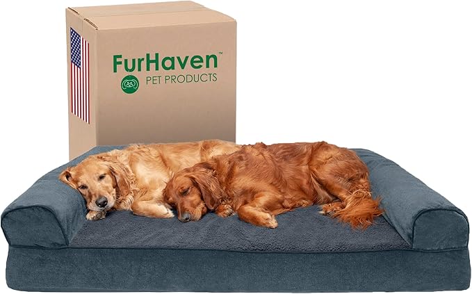 Furhaven Orthopedic Dog Bed for Large Dogs w/ Removable Bolsters &amp; Washable Cover, For Dogs Up to 125 lbs - Sherpa &amp; Chenille Sofa - Orion Blue, Jumbo Plus/XXL