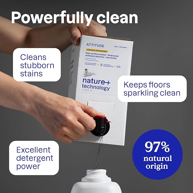 ATTITUDE Floor Cleaner Refill, EWG Verified, Streak-Free, Vegan &amp; Plant-Based for Tile, Wood &amp; Laminate Floors, Citrus Zest Scent, 67.6 Fl Oz