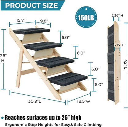Wood Pet Stairs/Pet Steps for All Dogs and Cats - 2-in-1 Foldable Carpeted 4 Tiers Dog Stairs &amp; Ramp Perfect for Beds and Cars - Portable Dog/Cat Ladder Up to 150 Pounds