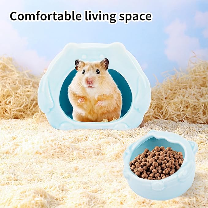 Bear-Shaped Hamster Hideout &amp; Food Bowl Set - Ceramic Habitat for Syrian Dwarf Hamsters, Mice, Gerbils - All-Season Use, Chew-Proof Ceramic House and Feeding Dish for Small Pets(Blue)