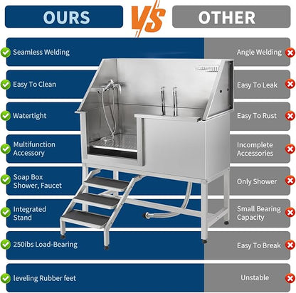 Stainless Steel Dog Washing Station - Dog Bath Tub for Large, Medium, Small Dogs, Pet Grooming Tub with Ramp, Non-Slip Grate, Shower, Soap Box, Faucet, Drain for Home &amp; Outdoor （Left RAMP, 50"）