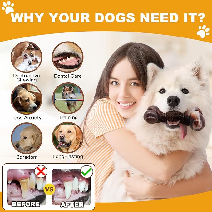 Dog Chew Toys for Aggressive Chewers, 2Pack Large Indestructible Dogs Bone Toy for Small Medium Breeds, Durable Tough Nylon Dog Chew Toys To Keep Them Busy, Puppy Teething Toy Bone, Beef&amp;Bacon Flavor