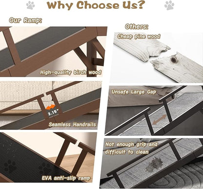 61" Dog Ramp for Bed, Pet Ramp with Removable Side Rail and Non-Slip Surface, Pet Ramp for Small &amp; Large &amp; Senior Dogs with Rest Platform and DIY Glow Strips,Dog Stairs for Couch, Brown