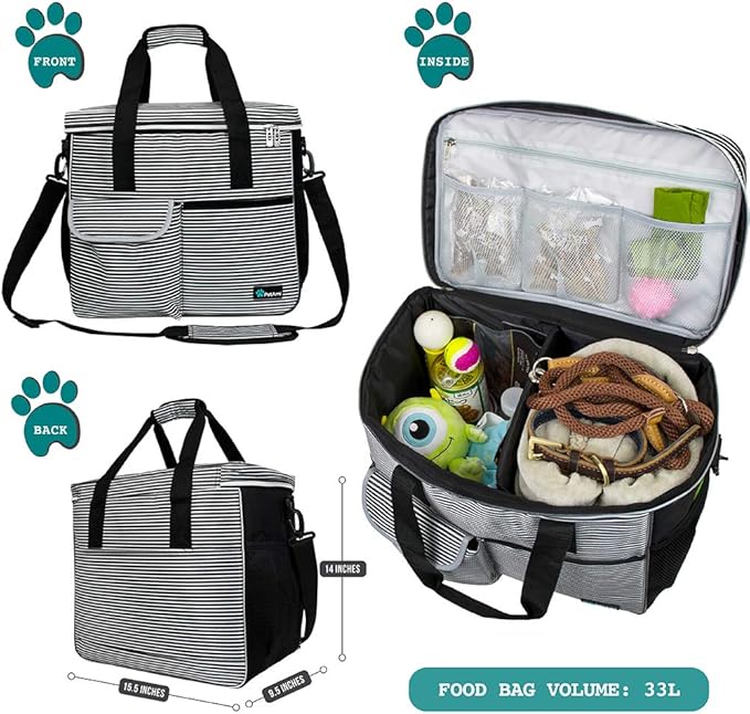 PetAmi Dog Travel Bag - Organizer with Food Container, Bowls &amp; Accessories for Weekend Camping, Cat Diaper Bag (Stripe Black, Large)