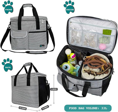 PetAmi Dog Travel Bag - Organizer with Food Container, Bowls &amp; Accessories for Weekend Camping, Cat Diaper Bag (Stripe Black, Large)