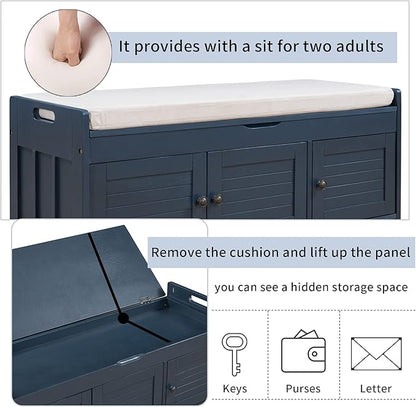 Storage Bench with 3 Shutter-Shaped Doors, Pine Wood Shoe Bench with Removable Cushion and Hidden Storage Space for Entryway Living Room 43.5" L * 16" W * 18" H, Antique Navy