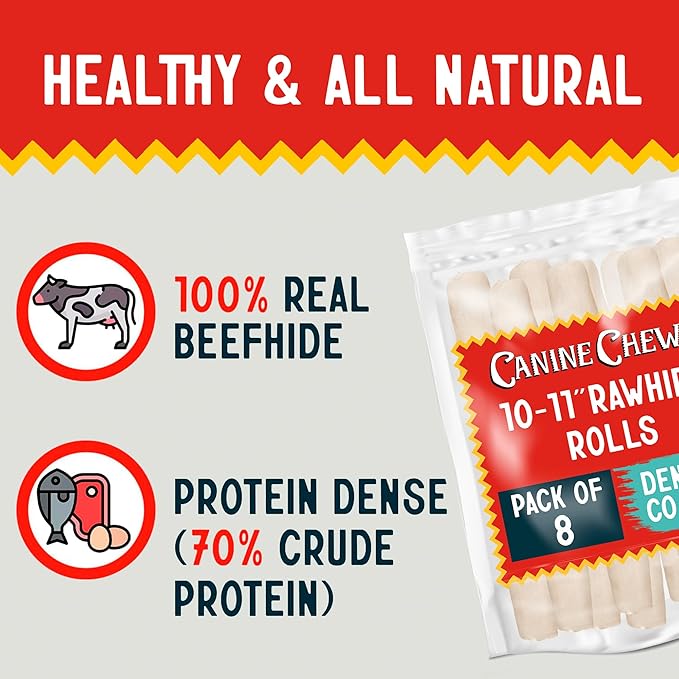 Canine Chews 10-11" Dental Coated Jumbo Rawhide Retriever Rolls (8 Pack) - Breath Freshening &amp; Long Lasting Dental Chews for Dogs Large Size - Teeth Cleaning Dog Treats for Aggressive Chewers