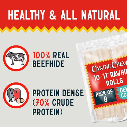 Canine Chews 10-11" Dental Coated Jumbo Rawhide Retriever Rolls (8 Pack) - Breath Freshening &amp; Long Lasting Dental Chews for Dogs Large Size - Teeth Cleaning Dog Treats for Aggressive Chewers