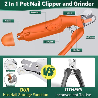 2 in 1 Dog Nail Clippers &amp; Cat Nail Clippers Trimmers for Large Medium Small Dogs Cats Claw Trimmer Quick Sensor and Safety Guard USB Rechargeable Dogs Nail Trimmer with Catcher &amp; 2 LED Lights