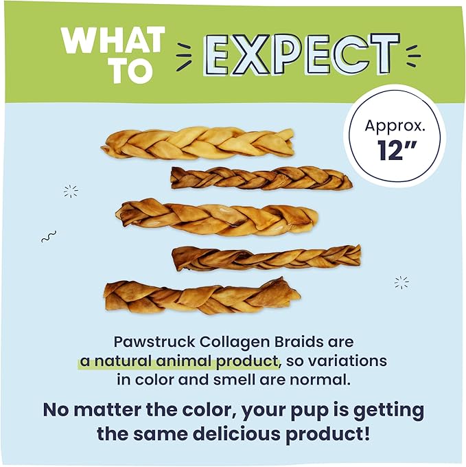 Pawstruck Natural Large 10-13” Beef Collagen Braids for Dogs – Long-Lasting Rawhide &amp; Bully Stick Alternative, with Chondroitin &amp; Glucosamine – 3 Pack