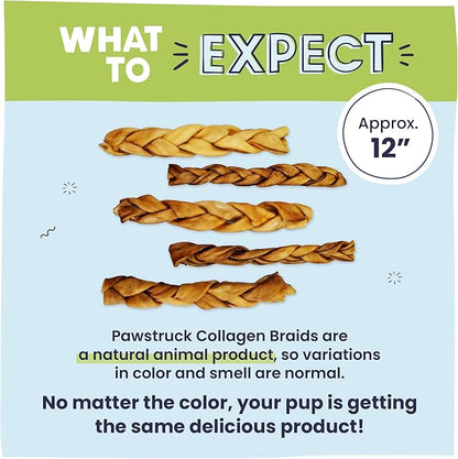 Pawstruck Natural Large 10-13” Beef Collagen Braids for Dogs – Long-Lasting Rawhide &amp; Bully Stick Alternative, with Chondroitin &amp; Glucosamine – 3 Pack