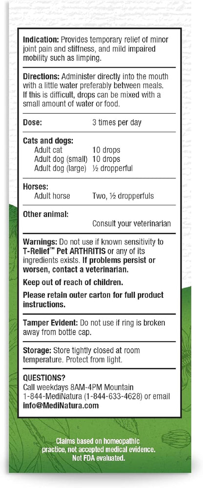 MediNatura T-Relief Pet Arthritis Relief Drops Arnica +12 Powerful Natural Homeopathic Medicines Help Ease Hip &amp; Joint Pain Soreness &amp; Stiffness for Dog &amp; Cat - 1.69 oz (2 Pack)