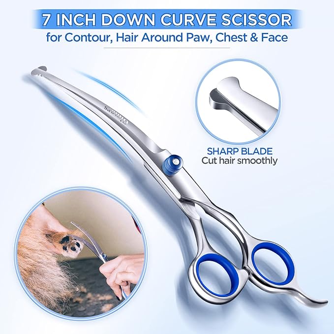 Gimars 7.0in Professional 4CR Stainless Steel Safety Round Tip 6 in 1 Dog Grooming Scissors Heavy Duty Titanium Coated Pet Grooming Scissor for Dogs, Cats and Other Animals