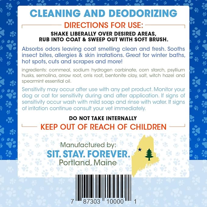 Sit. Stay. Forever. Dry Shampoo for Dogs &amp; Cats – Organic Dry Bath Powder, Talco para Perros, Hypoallergenic, Odor Control for Smelly Dogs, No-Rinse, Anti-Itch, Safe &amp; Natural, Made in The USA, 7 oz